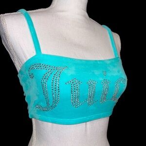 Juicy Couture NEW XS Rhinestone Bling Logo Super Crop Top Velour Teal Aqua Blue